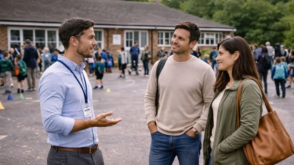 Parent speaking to teacher at school playground in the UK.