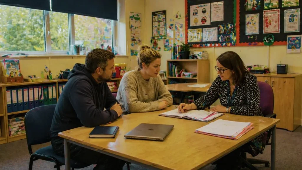 Parent and teacher discussing child support in UK school.