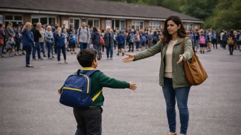 Parent waiting at school gates during afternoon pick-up at a UK primary school.