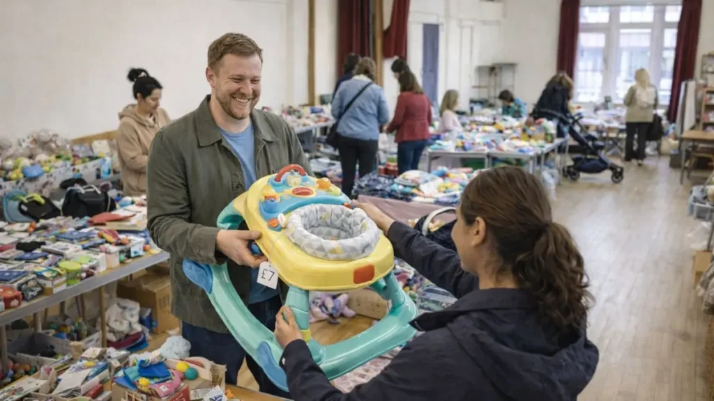 How to sell bulky baby items without the hassle 3 Mother buying a baby walker at a second-hand baby market.