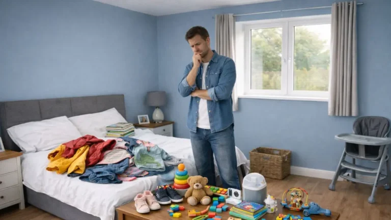 Baby clothes and toys laid out on a bed with a parent organising items into groups.