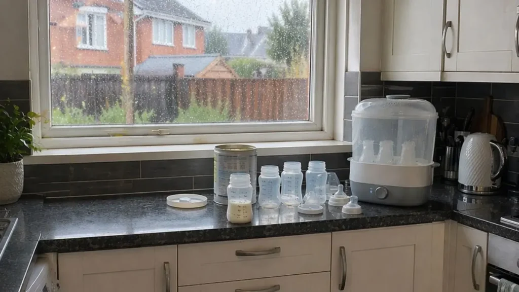 Clean baby bottles drying after sterilising in kitchen.