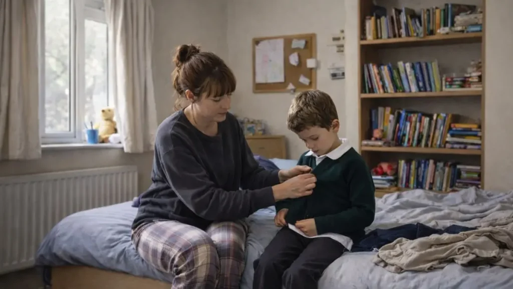 A parent calmly helping a child get dressed in a bedroom.