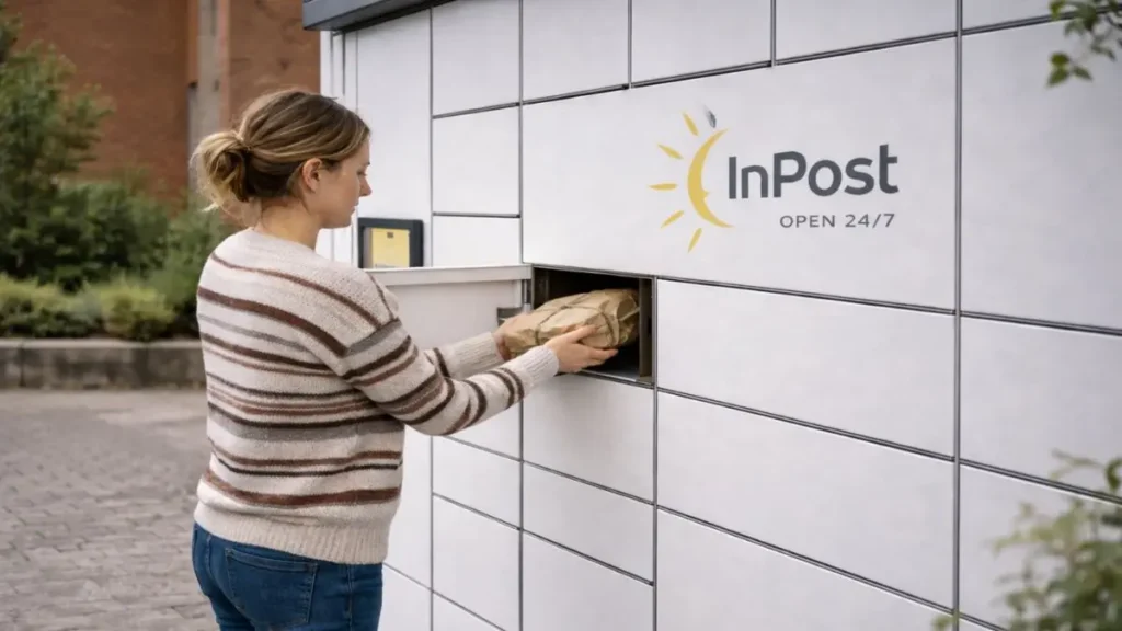 Parent posting a parcel at a parcel locker in the UK.