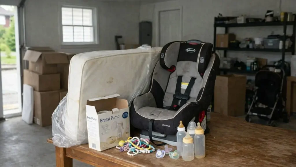 Worn baby items placed aside not suitable for resale.