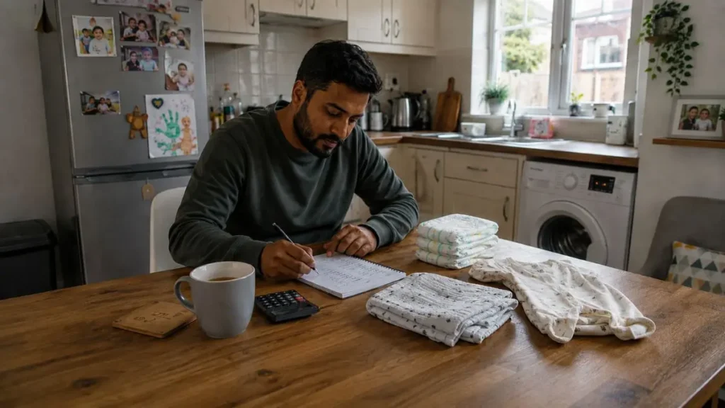 Parent planning a baby budget at a kitchen table with baby essentials nearby.