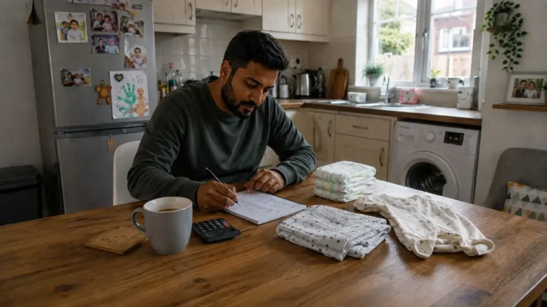 Parent planning a baby budget at a kitchen table with baby essentials nearby.