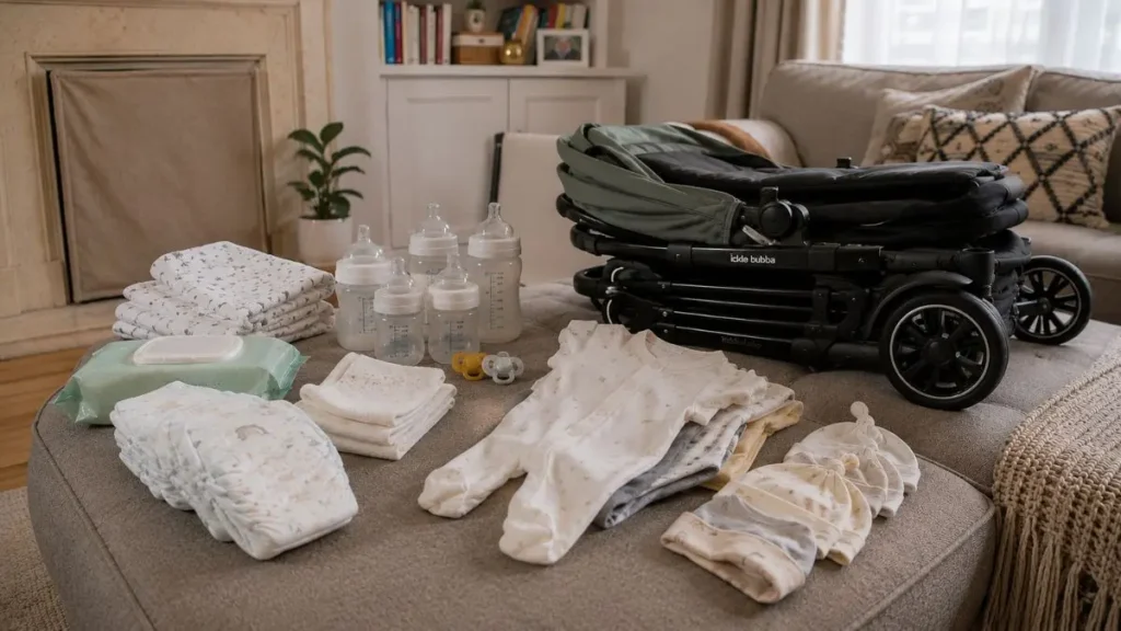 Baby essentials such as nappies, bottles, sleepsuits, and a pram in a realistic UK home.