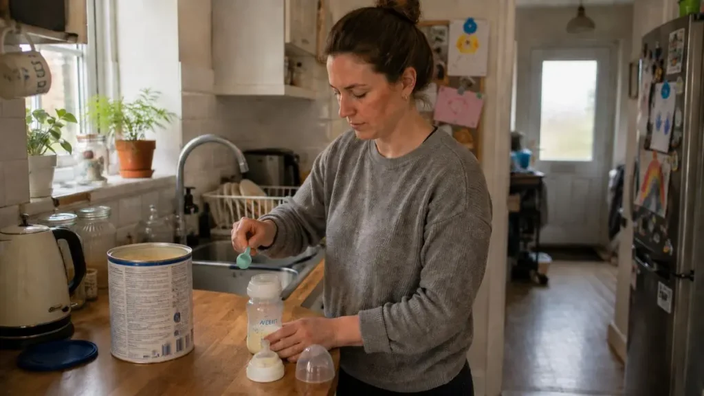 Parent preparing baby formula in a UK kitchen.
