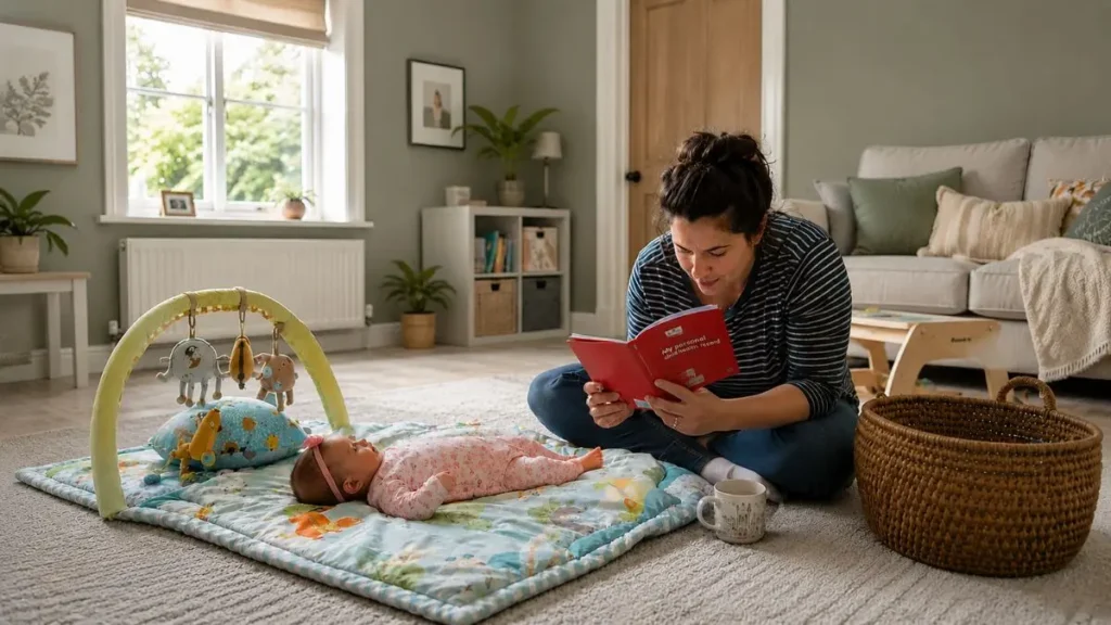Parent looking at a baby growth chart and red book beside a baby lying on a mat.