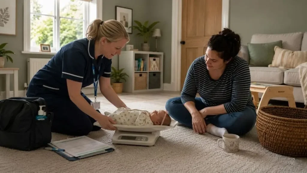 Health visitor weighing a baby during a routine UK home check.