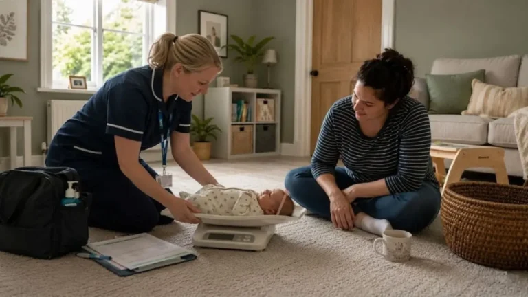 Health visitor weighing a baby during a routine UK home check.