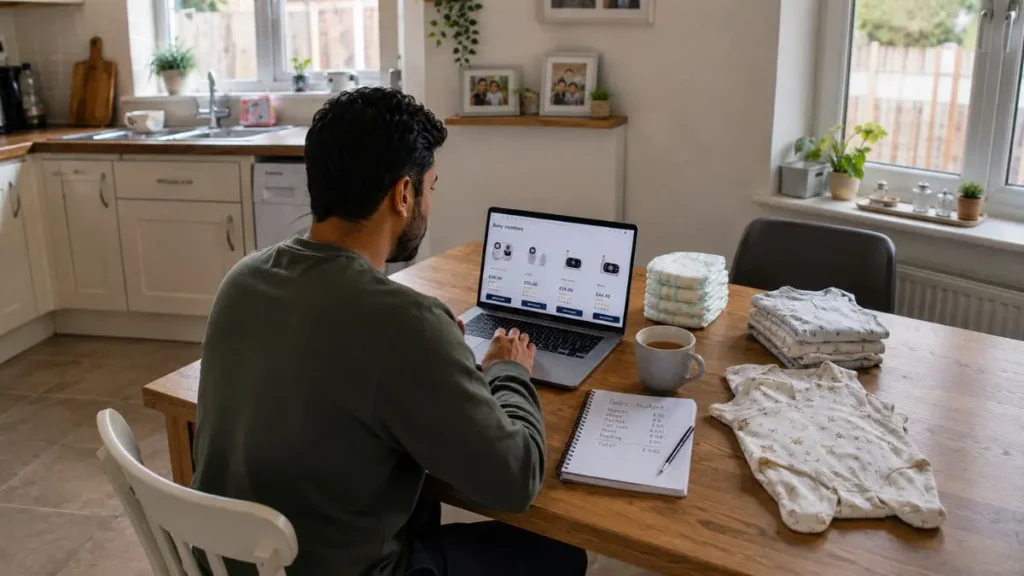 Parent comparing baby essential prices at home with a laptop and notebook.