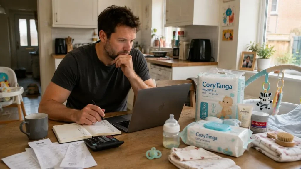 Dad reviewing baby costs at home on a laptop