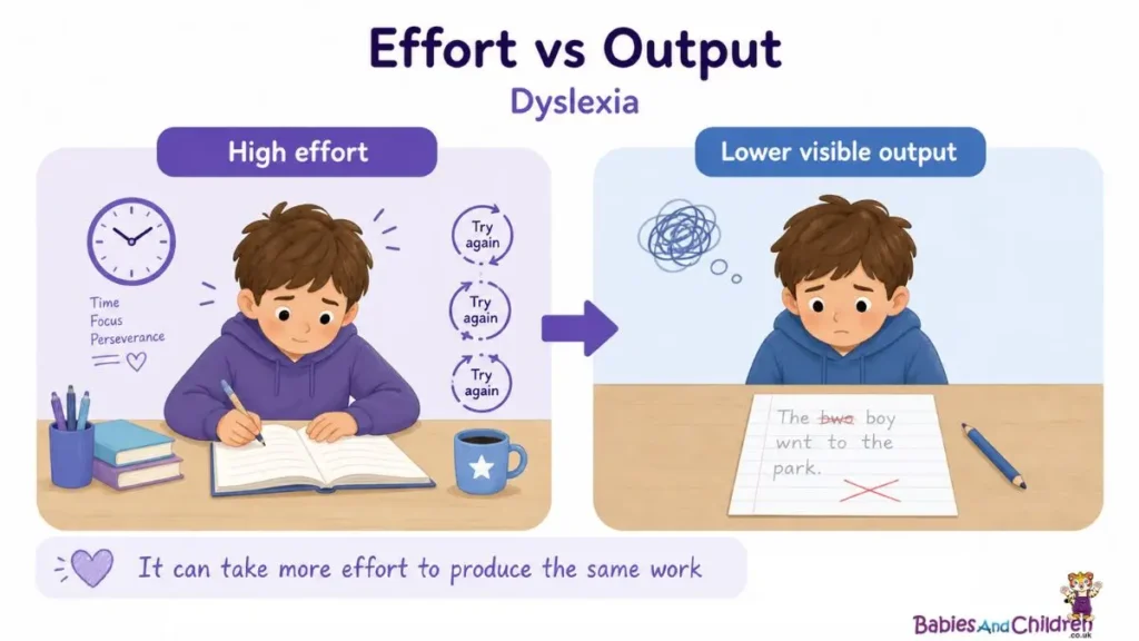 Effort vs output infographic showing high effort and lower visible output for a child with Dyslexia.