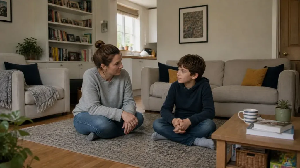 Parent sitting on the floor talking calmly with child in a UK living room about learning differences with dyslexia.