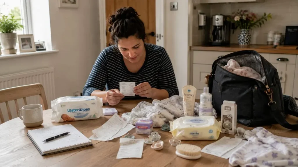 Small baby-related purchases and receipts on a kitchen table in a realistic UK home.