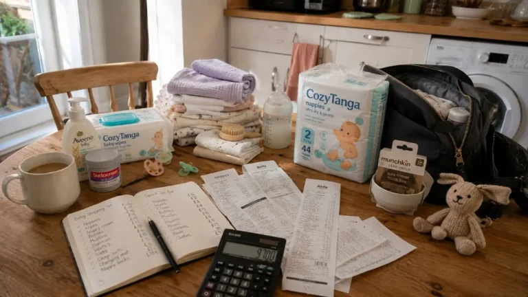 Baby items and receipts on a kitchen table showing monthly baby costs