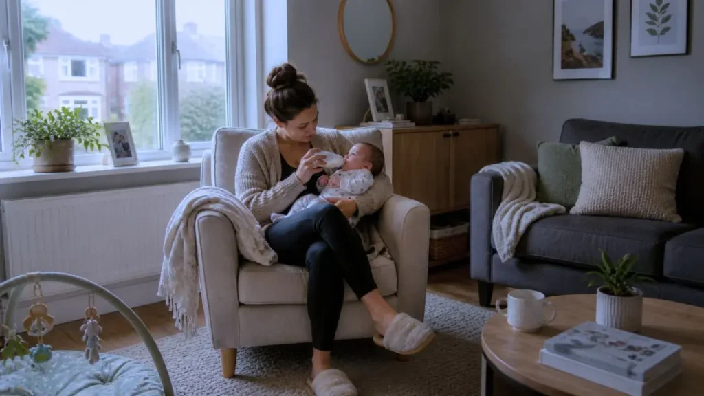 Mum feeding baby with bottle in living room at home.