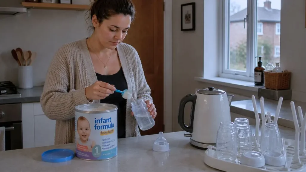 Mum preparing baby formula in kitchen using bottle and scoop.