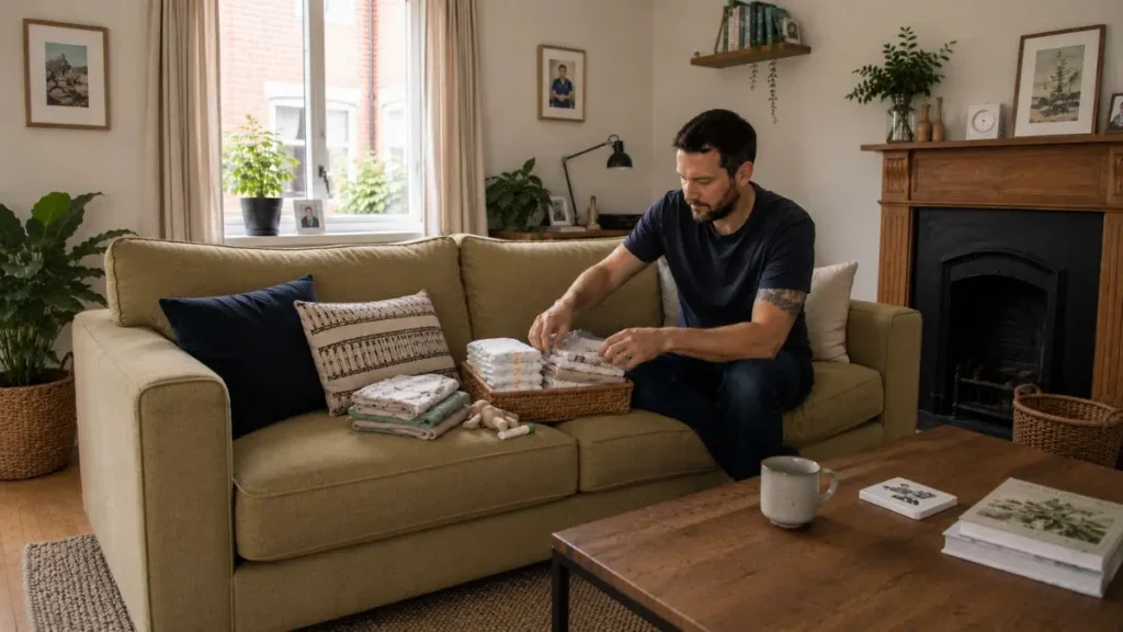 Dad organising baby essentials in a basket at home.