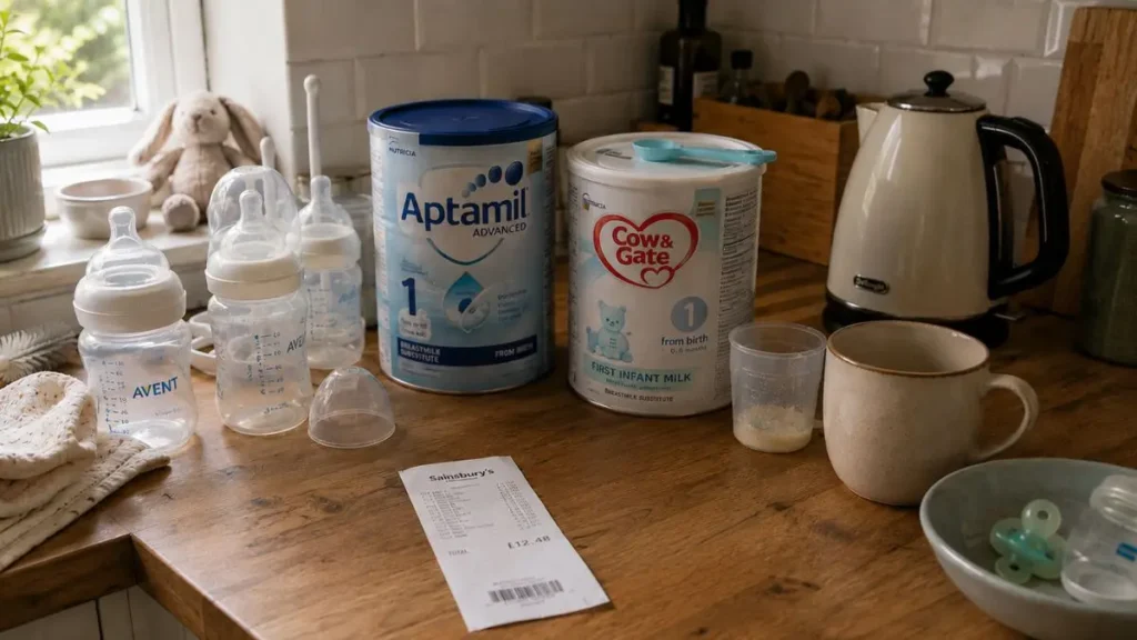 Baby formula tins, bottles and a receipt on a UK kitchen counter showing feeding costs.