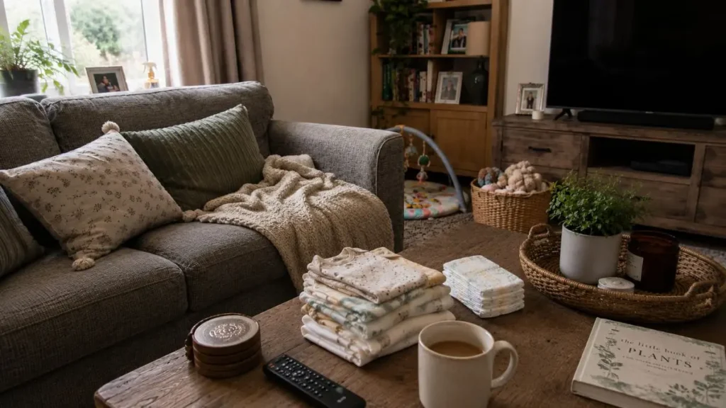 UK home prepared for a newborn with simple baby essentials in a living room.