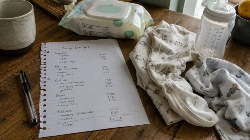 Simple baby budget checklist with nappies, feeding, clothes, travel, and childcare categories.