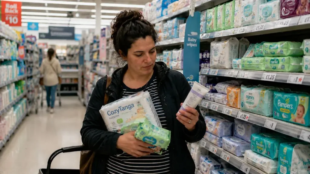 Parent shopping for baby essentials in a UK supermarket.