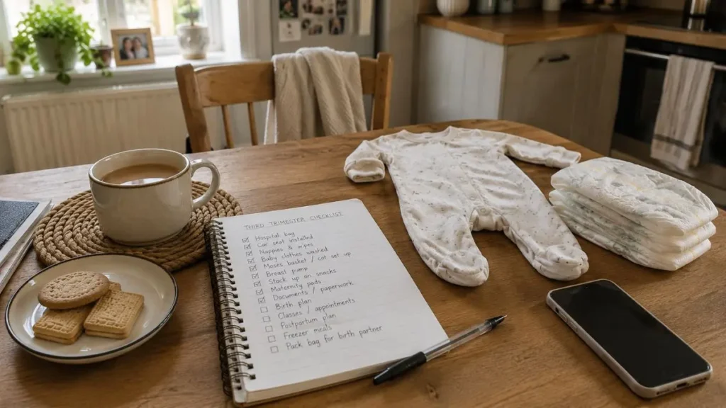 Third trimester checklist UK: what to sort before birth 3 Handwritten third trimester checklist on a kitchen table with baby clothes, nappies and a cup of tea.