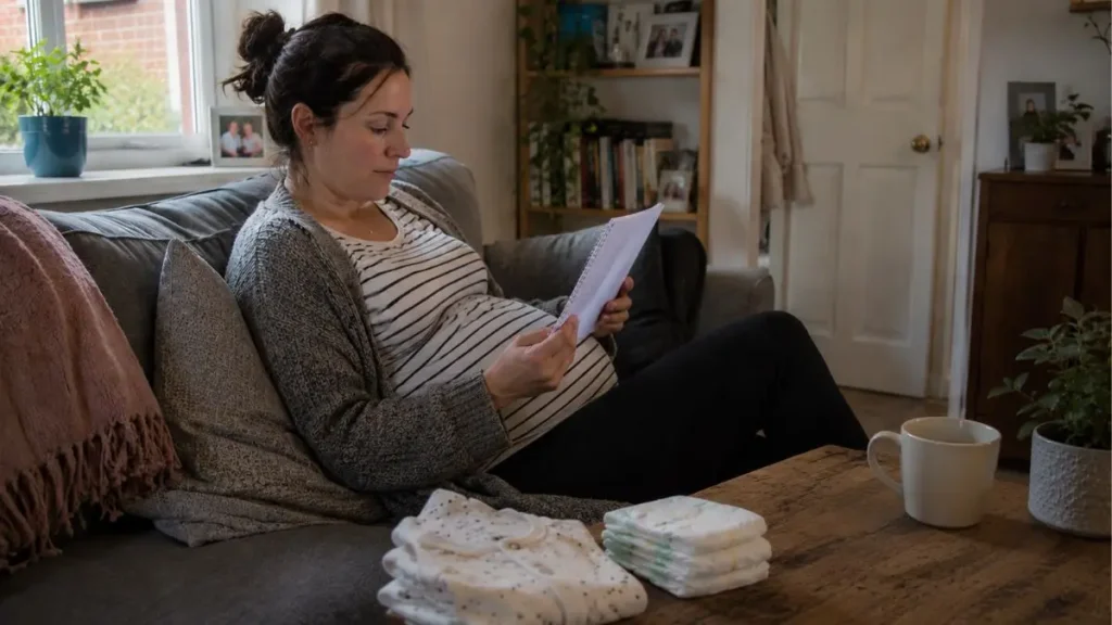 Third trimester checklist UK: what to sort before birth 2 Pregnant mum to be sitting with a checklist and baby items nearby, preparing for birth at home.