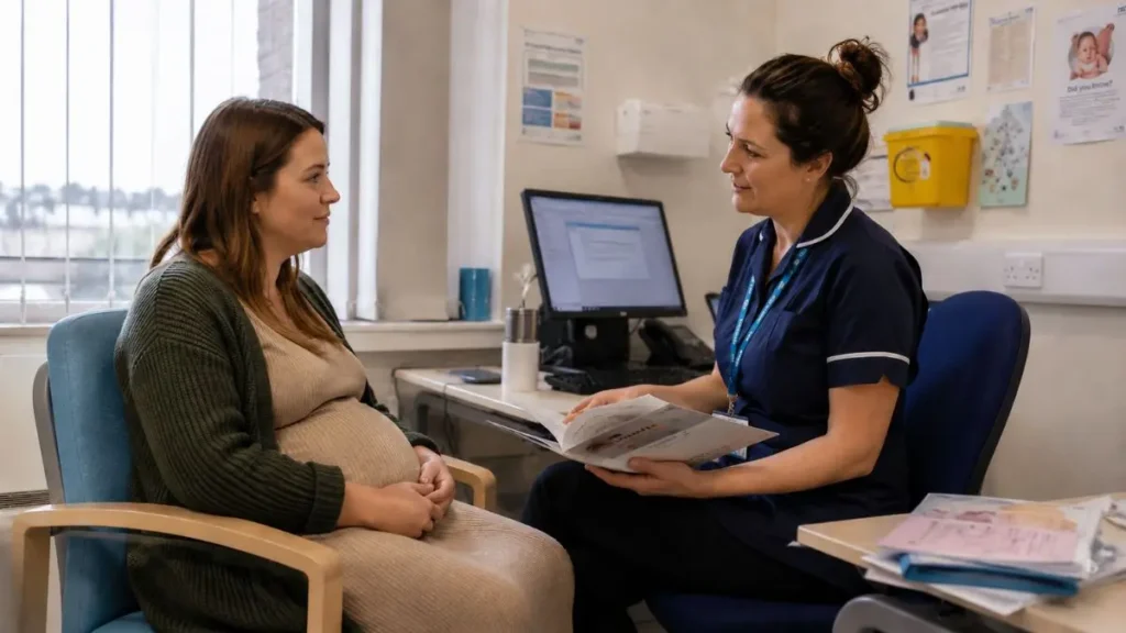 Pregnant parent speaking with a midwife at an antenatal appointment in a UK clinic.
