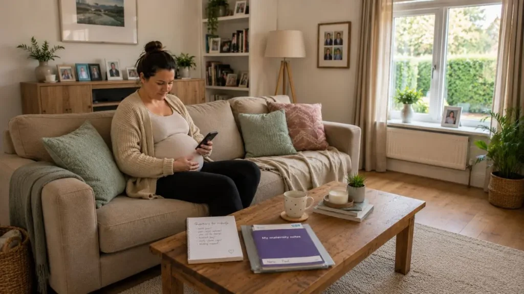 Pregnant parent checking maternity notes and questions before an antenatal appointment.