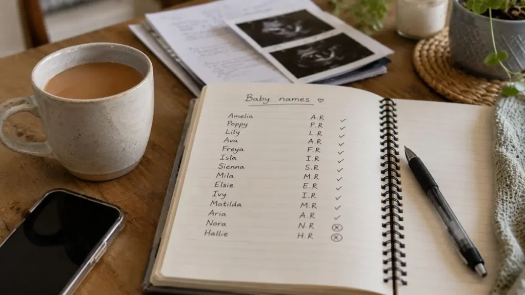 Notebook showing a baby name shortlist and initials check on a kitchen table.