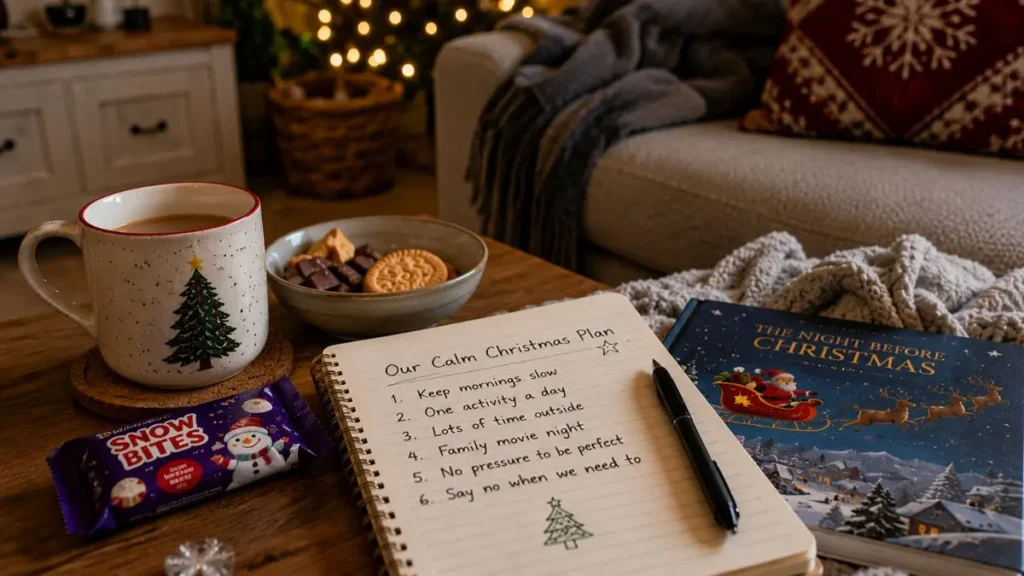 Simple, calm Christmas items laid out at home for a child and parent.