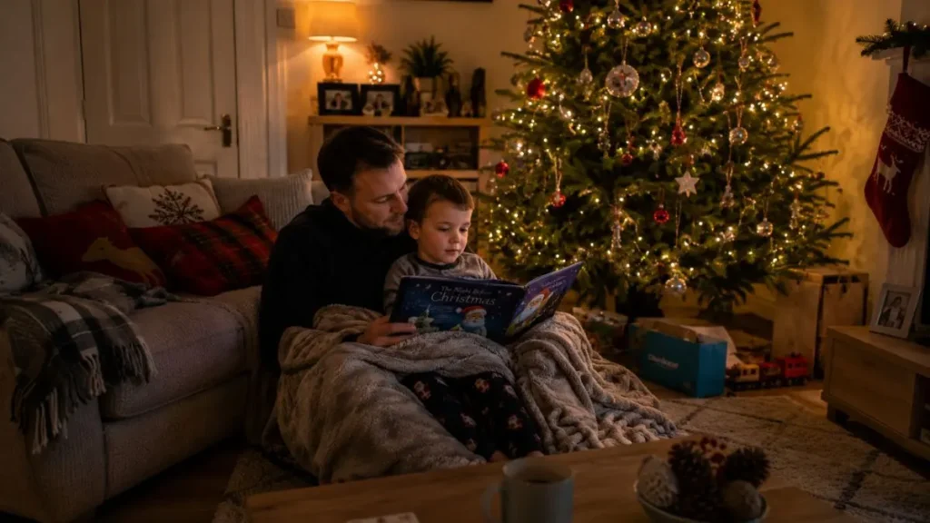 Parent and child sharing a calm, festive moment together in a UK family home.