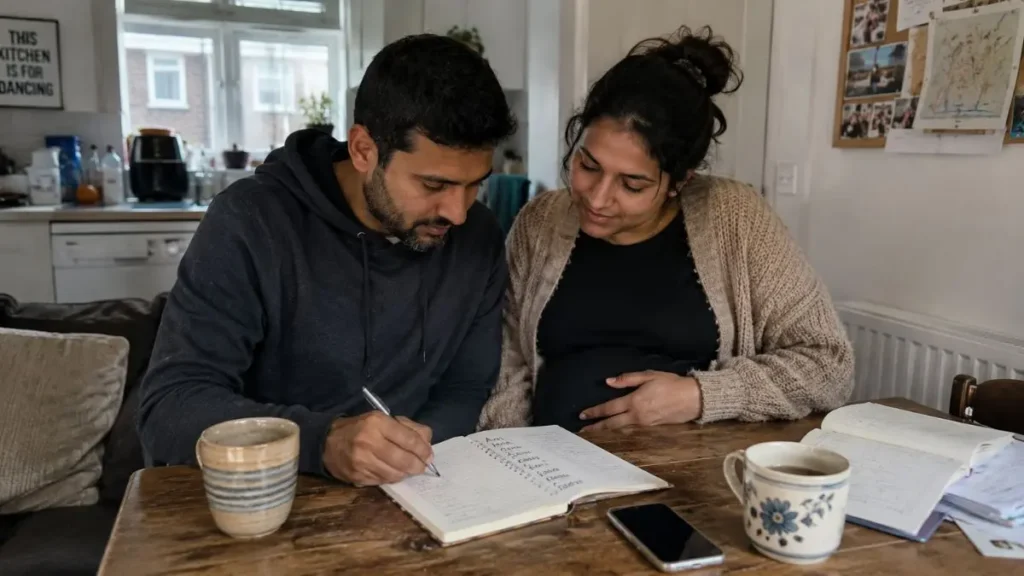 Expectant parents looking at a baby name shortlist at home in the UK.