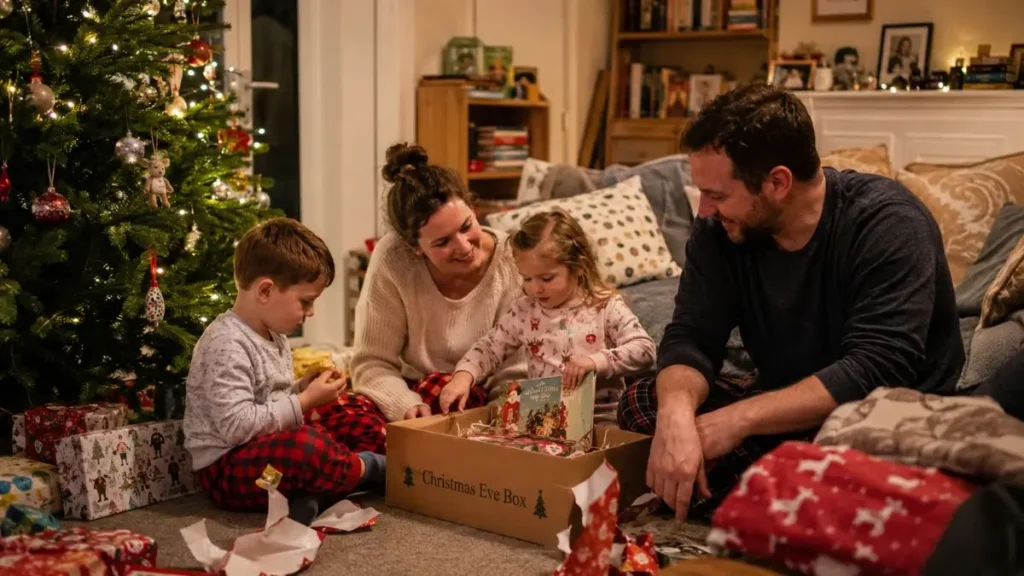 Christmas activities and ideas for kids: simple family ideas for a calmer Christmas 2 Parents and children enjoying simple Christmas activities together in a cosy UK living room.