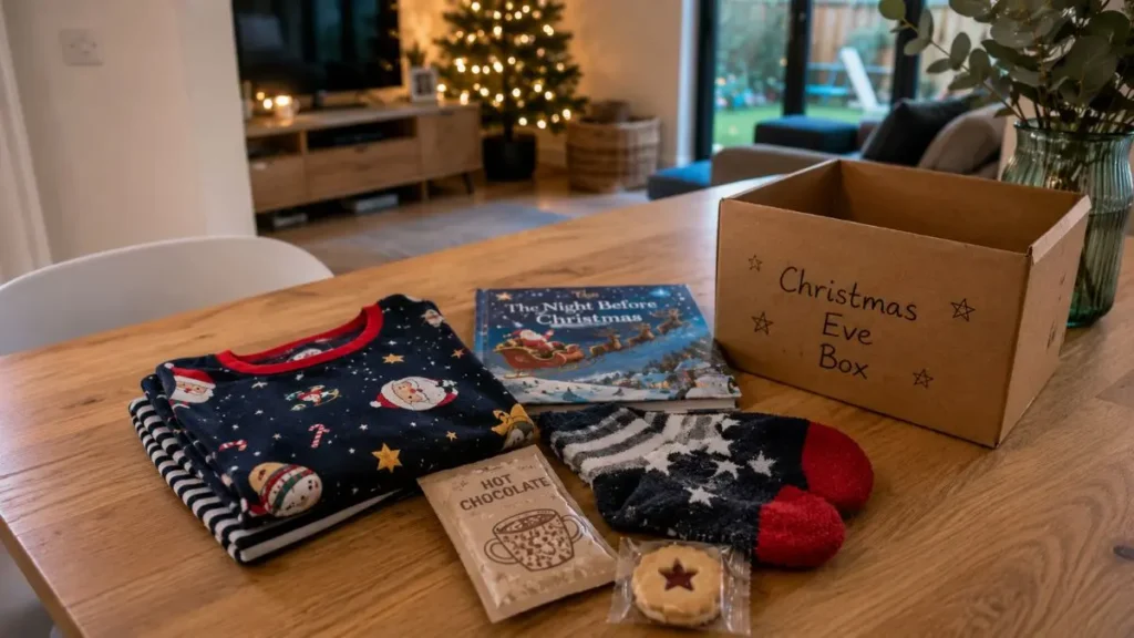 Simple Christmas Eve box fillers for kids laid out on a family table at home.