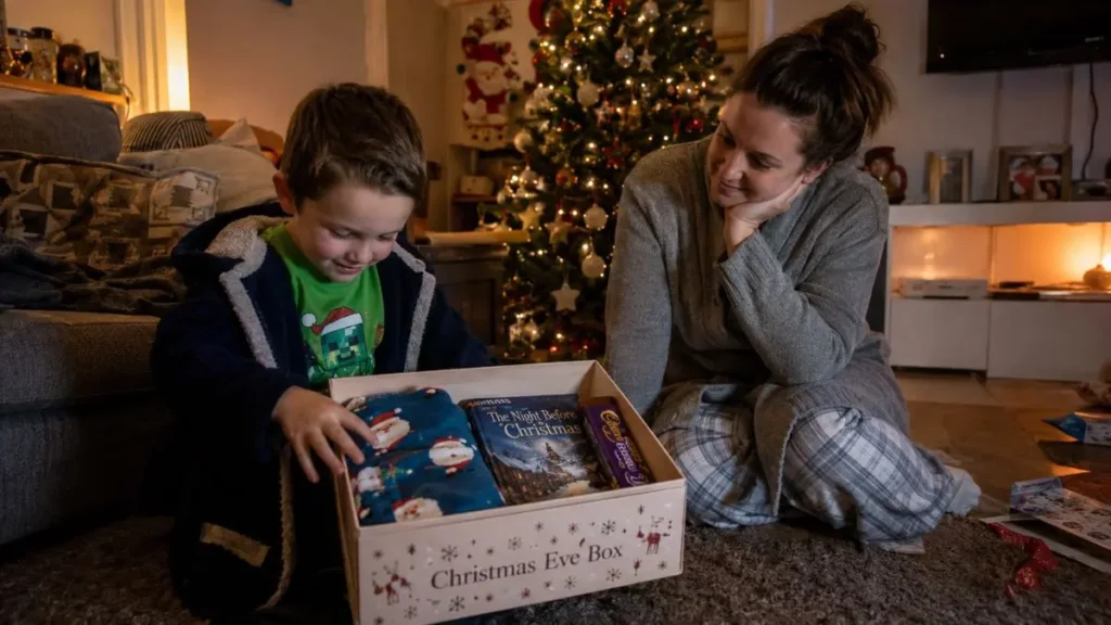 Child opening a simple Christmas Eve box at home in a UK family living room.