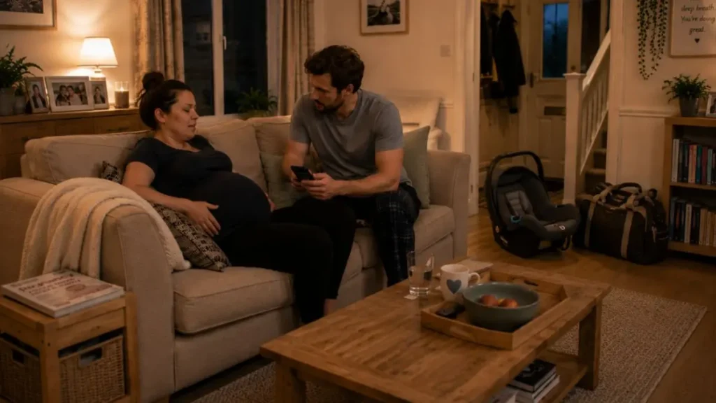 Pregnant parent resting at home in early labour while a birth partner times contractions.