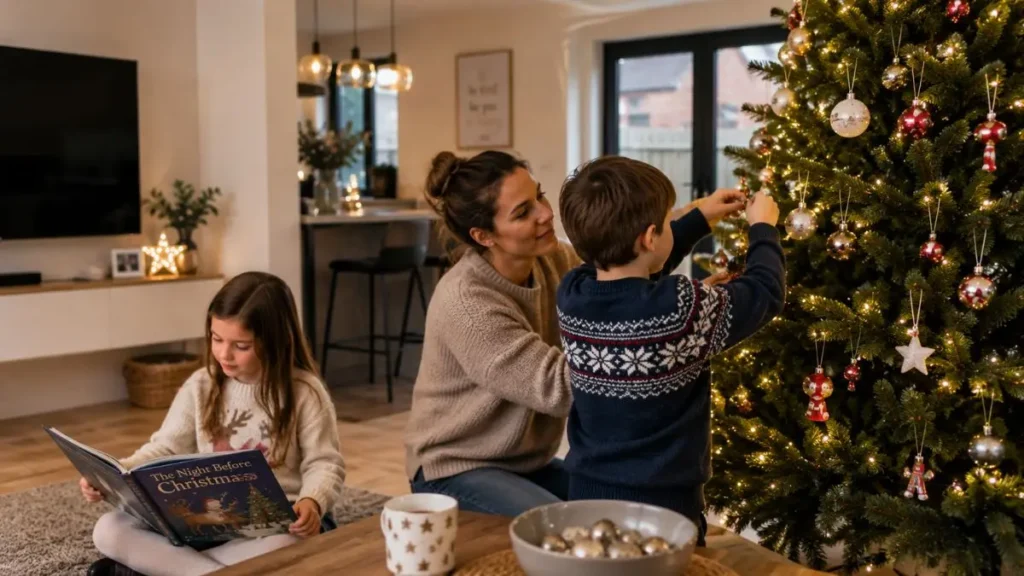Parent and children starting a simple Christmas tradition together in a UK family home.