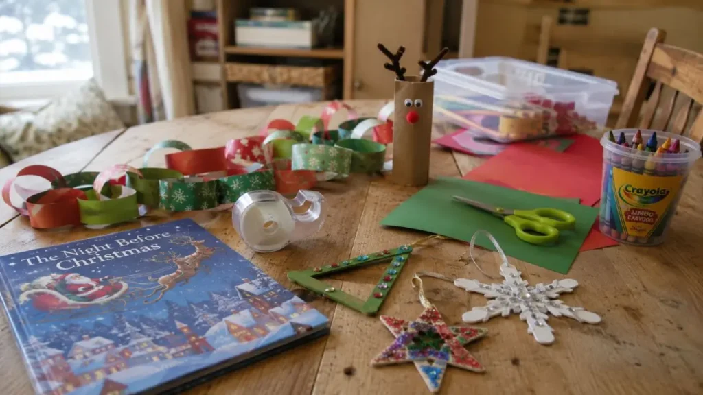 Free and low-cost Christmas activity supplies laid out on a family table at home.