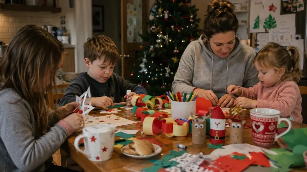 Children doing free and low-cost Christmas crafts at home around a table in a UK family house.