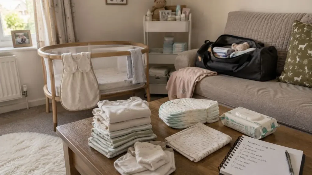 Baby essentials and a safe sleep setup ready at home before birth.