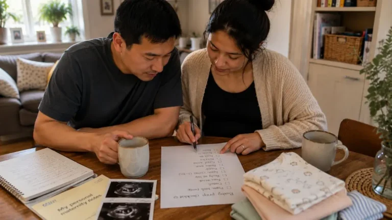 Expectant parents looking at a baby preparation checklist at home in the UK.