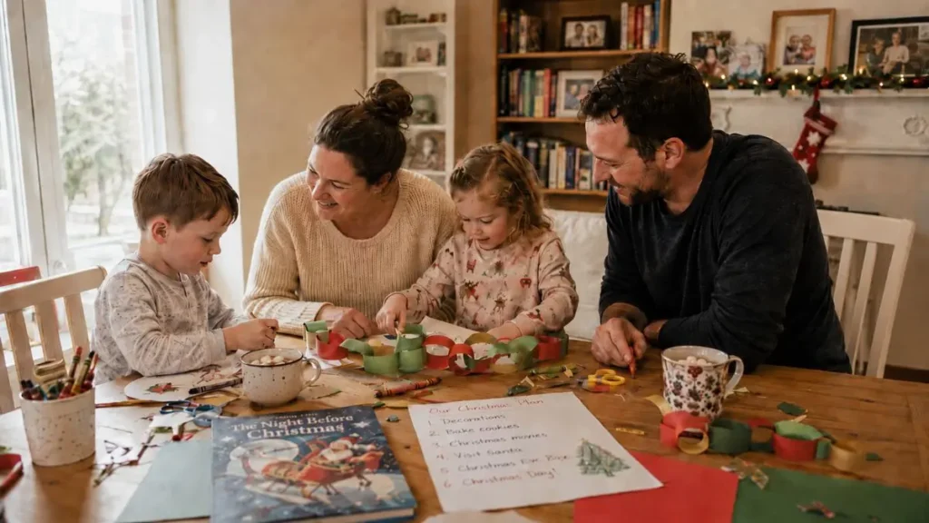 Christmas activities and ideas for kids: simple family ideas for a calmer Christmas 3 Simple Christmas activity ideas for children laid out on a family table at home.