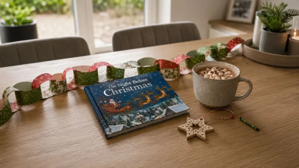 Simple Christmas tradition items laid out on a family table at home.