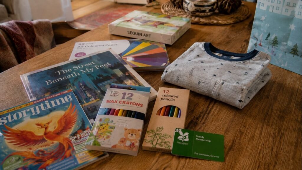 Thoughtful non-toy Christmas gift ideas for children laid out on a family table.