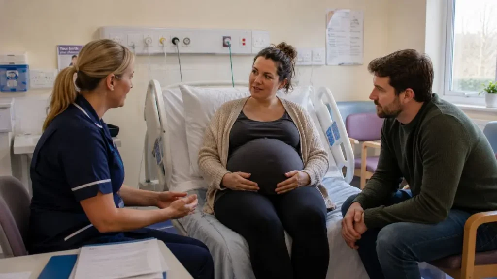 Pregnant parent speaking with a midwife and birth partner in a calm UK maternity room.